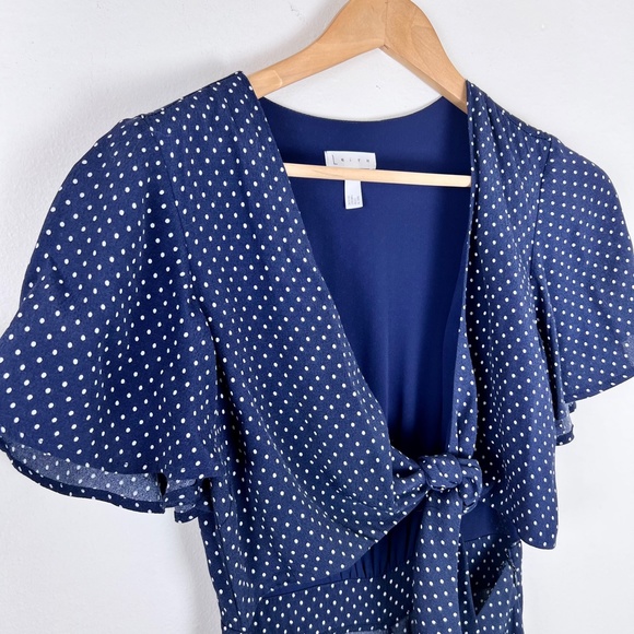 Leith Womens Tie Front Jumpsuit Small Navy Blue White Polka Dot Short Sleeve - Picture 6 of 9